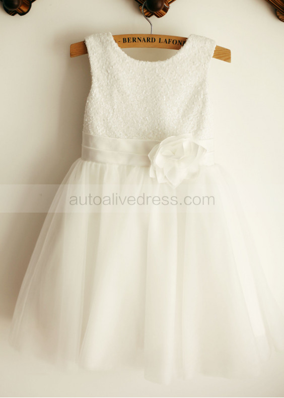 White Sequin Tulle Knee Length Flower Girl Dress